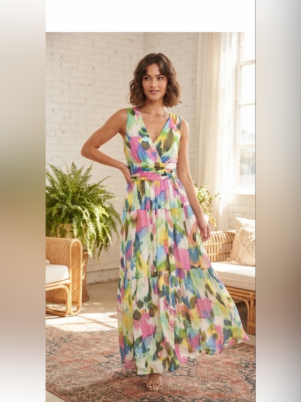 Maison Tara Morgan Abstract Maxi Dress Sz 4 Watercolor Flowy Lined Smocked Waist